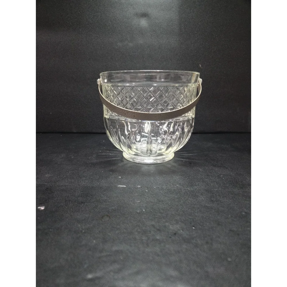 Art Deco‎ Ice Bucket, Cut Diamond Glass, Hammered Silver Handle, Bar Accessory